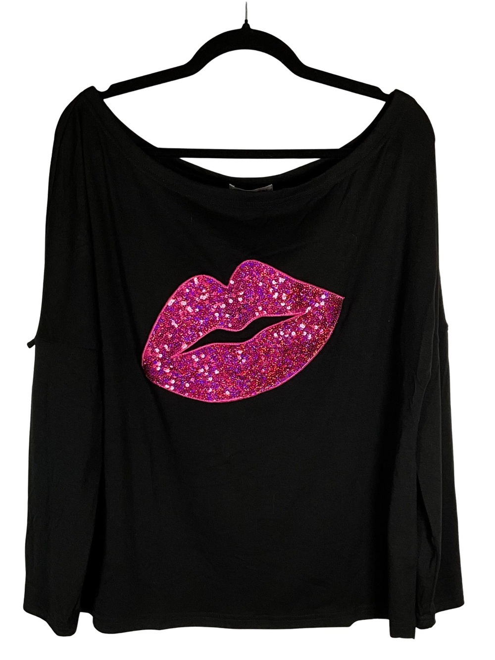 Prison Top Size XL Black Stretch Long-Sleeve Top with Pink Sequin Lip Applique